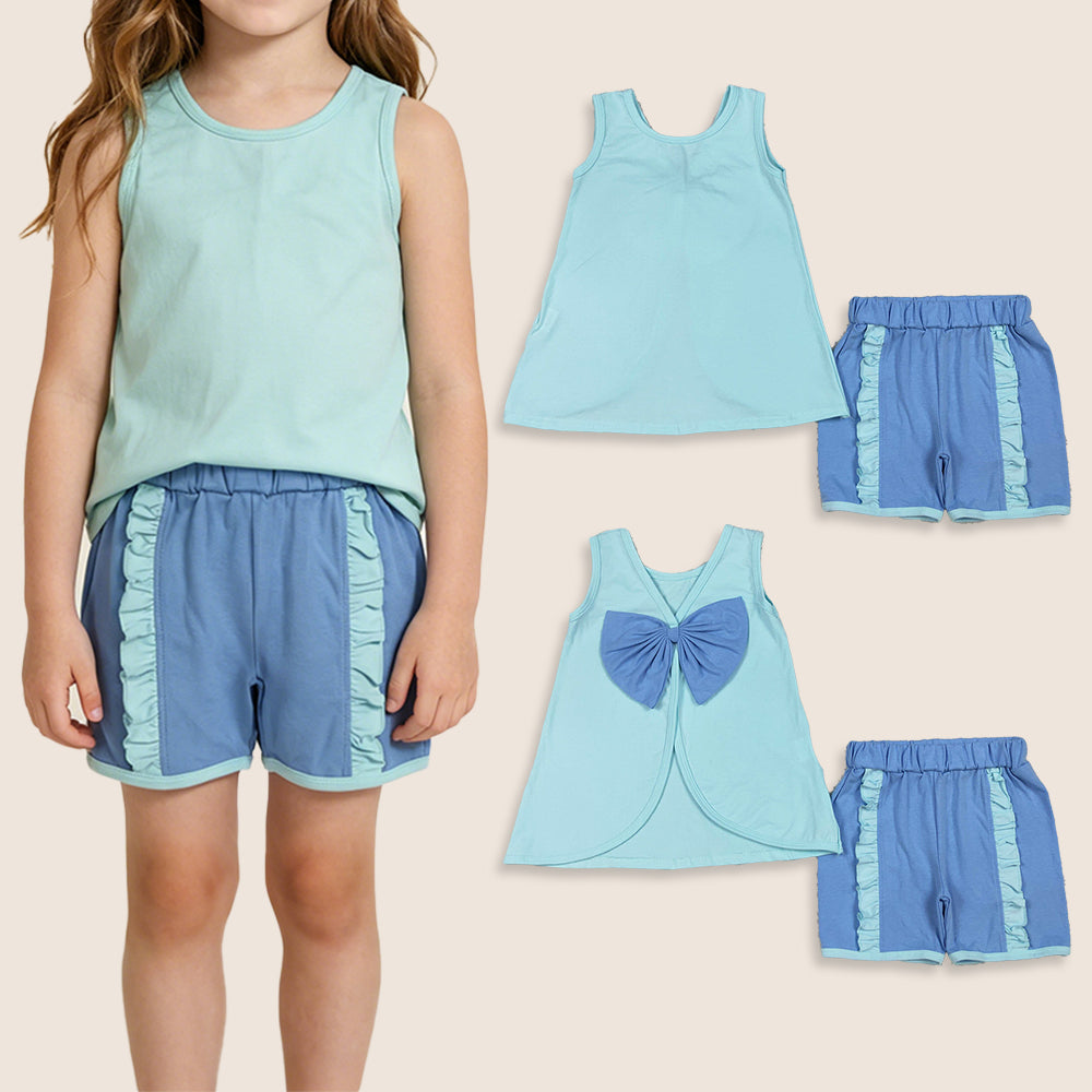 RTS Baby Girls Kids Sleeveless Blue Bows Tops Ruffle Shorts Set Clothes