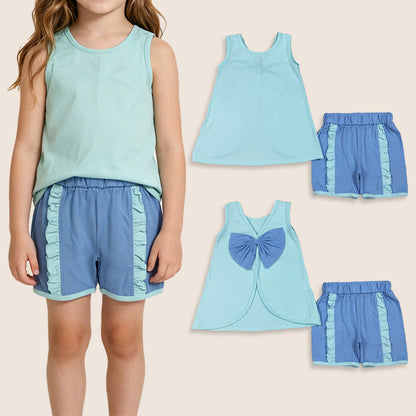 RTS Baby Girls Kids Sleeveless Blue Bows Tops Ruffle Shorts Set Clothes