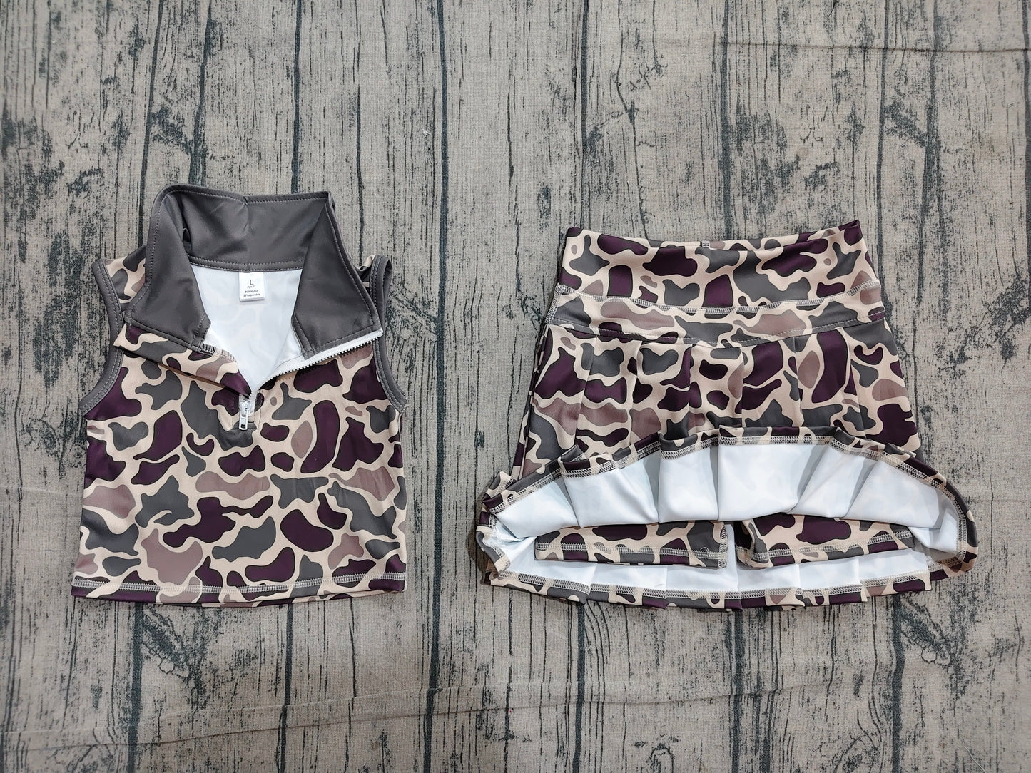Preorder Baby Girls Kids Sleeveless Zipper Camo Tops Skirt Shorts Yoga Set Clothes