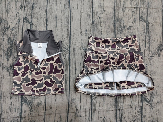 Preorder Baby Girls Kids Sleeveless Zipper Camo Tops Skirt Shorts Yoga Set Clothes