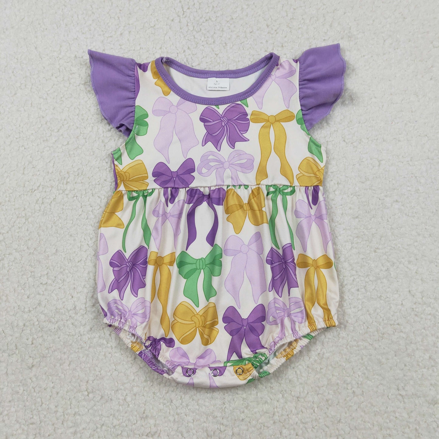 RTS Baby Girls Infant Short Sleeves Bows Mardi Gras Bubble Romper