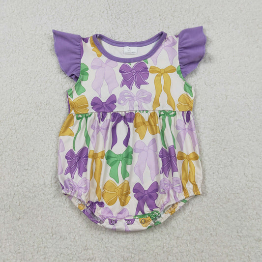 RTS Baby Girls Infant Short Sleeves Bows Mardi Gras Bubble Romper