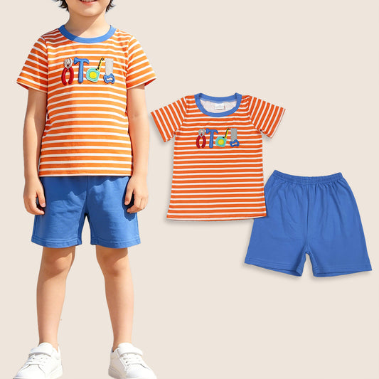 Baby Boys Short Sleeves Embroidery Tools Orange Stripes Shirt Blue Shorts Clothes Set