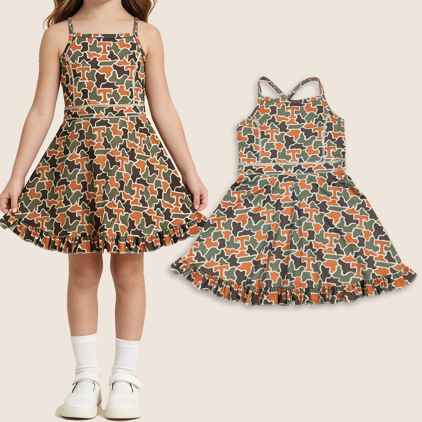 Baby Girls Kids Straps T Camo Print Team Yoga Ruffle Knee Length Dress