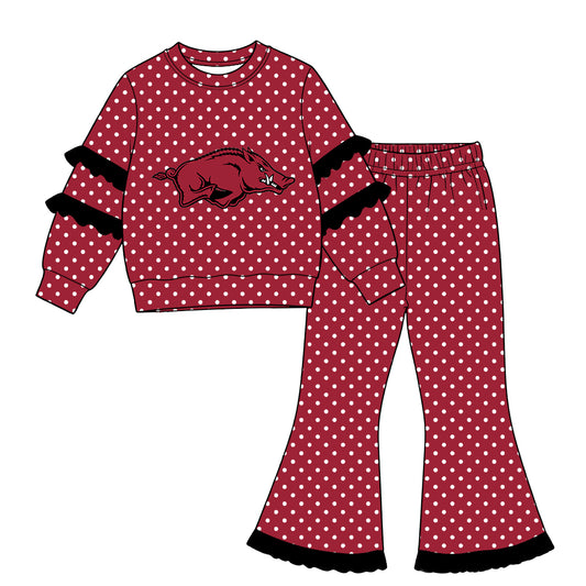 Moq 5 Custom Baby Girls Kids Ruffle Long Sleeves Pig Shirt Dots Pants Team Set Clothes