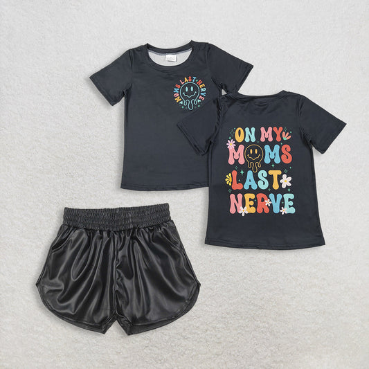 RTS Baby Girl Kids Black Short Sleeves Shirt Leather Shorts Set Clothes