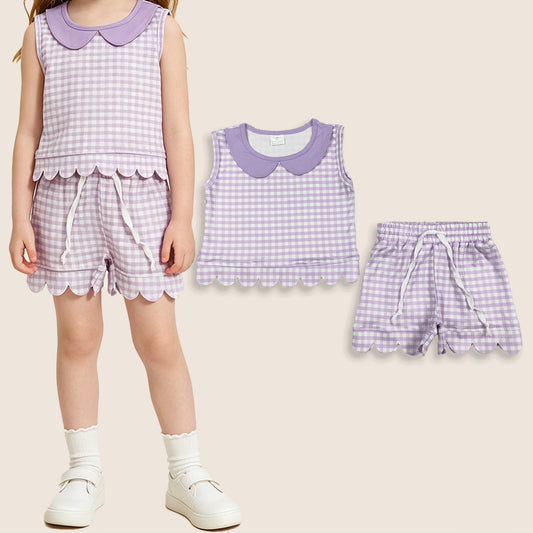 Baby Girls Kids Purple Plaid Shirt Scallop Shorts Summer Set Clothes