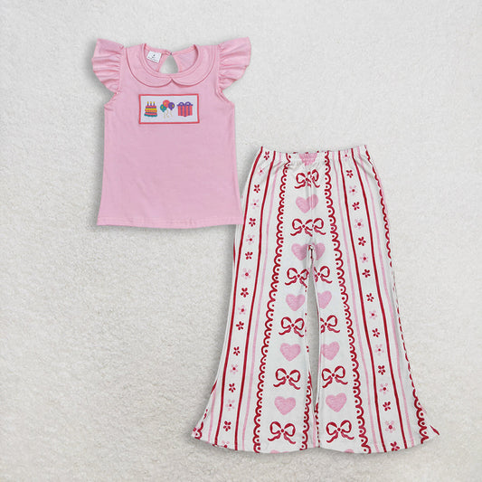 RTS Baby Girl Kids Short Sleeves Embroidery Shirt Hearts Bows Flower Pants Birthday Set Clothes