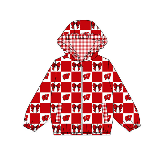 Moq 5 Custom Baby Girl Kids Pockets Zipper Hoodie Bows Team Jacket Coat Tops