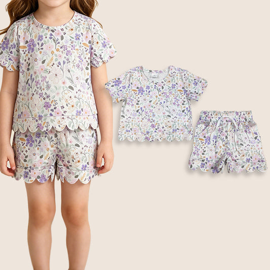 Baby Girls Toddler Short Sleeves Purple Flower Shirt Shorts Summer Set