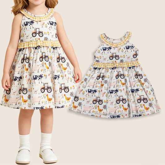Baby Girls Kids Farm Animals Flower Plaid Ruffle Knee Length Dress