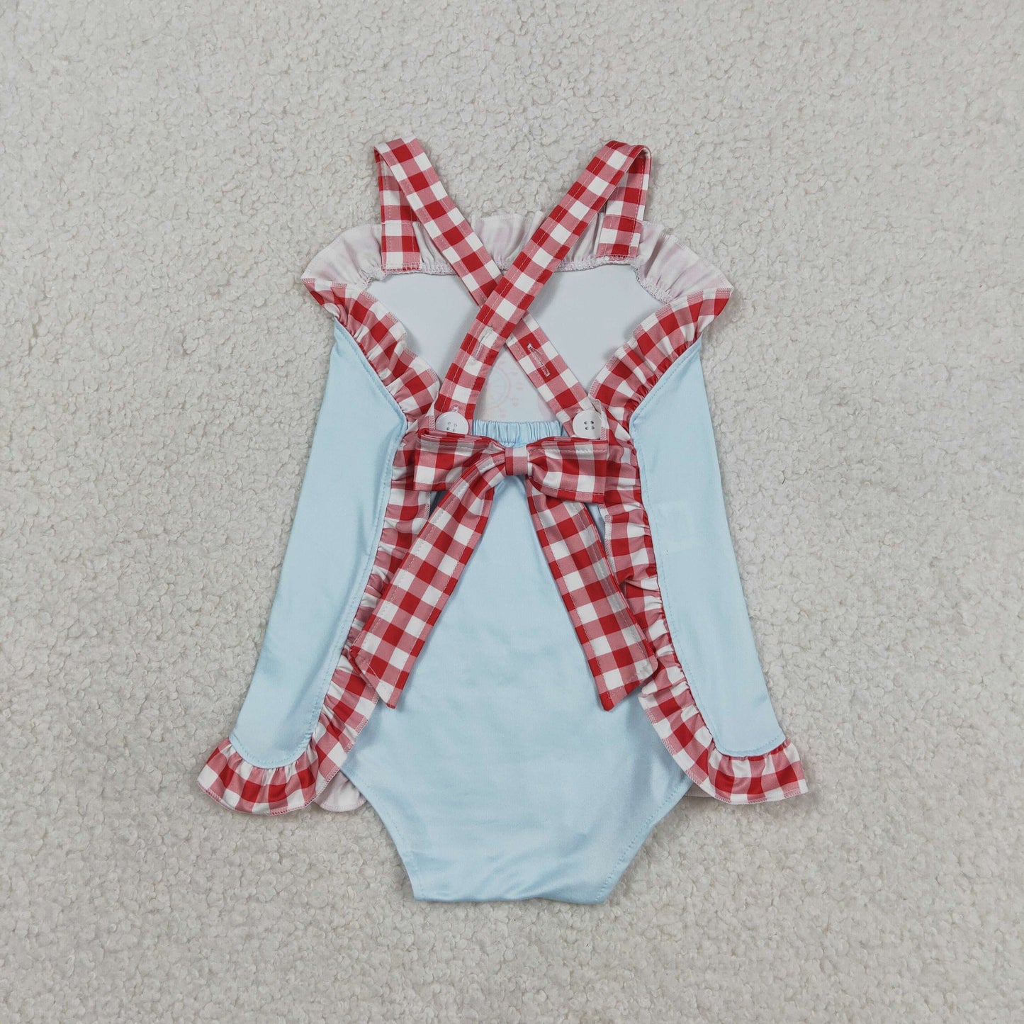 Baby Girl Infant Straps Red Plaid Bow Bubble Summer Romper RTS