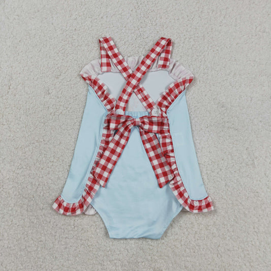 Baby Girl Infant Straps Red Plaid Bow Bubble Summer Romper RTS