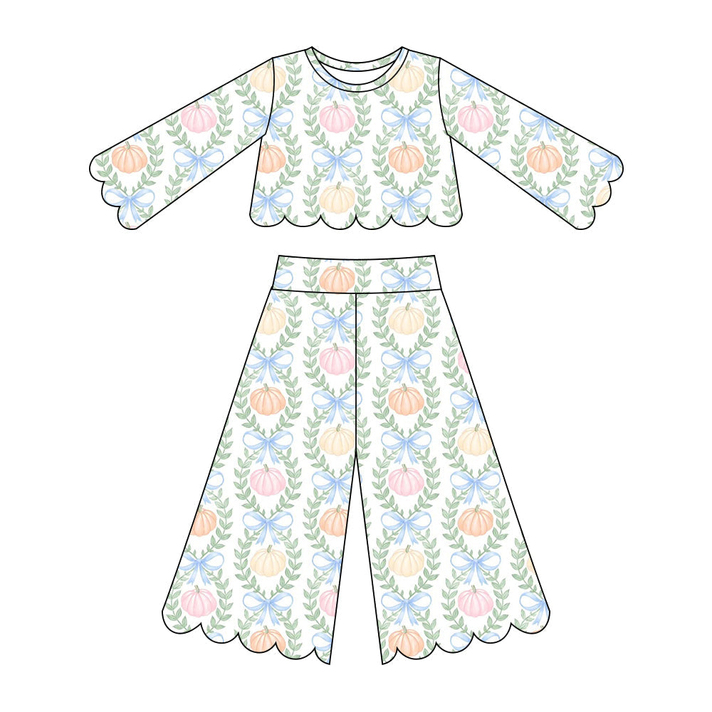 Preorder ( Moq 5 ) Baby Girls Kids Pumpkins Bows Shirt Scallop Pants Set Fall Clothes
