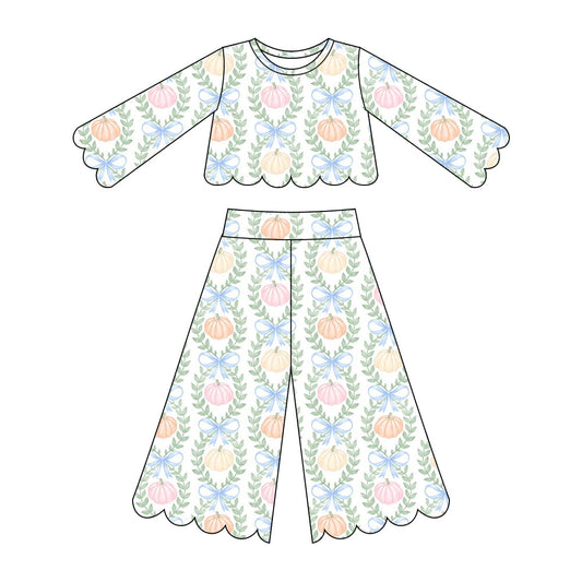 Preorder ( Moq 5 ) Baby Girls Kids Pumpkins Bows Shirt Scallop Pants Set Fall Clothes