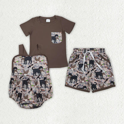 RTS Sibling Baby Boys Kids Short Sleeves Shirt Pockets Shorts Dogs Camo Set Romper Clothes