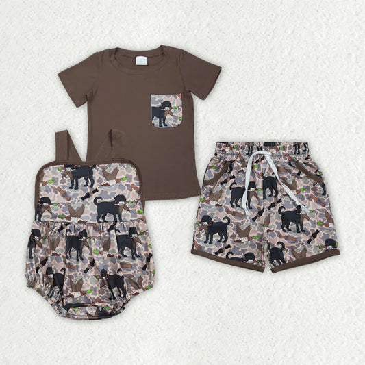 RTS Sibling Baby Boys Kids Short Sleeves Shirt Pockets Shorts Dogs Camo Set Romper Clothes
