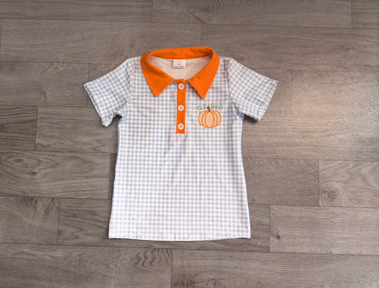 No moq Preorder Baby Boys Kids Embroidery Pumpkin Blue Plaid Buttons Shirt Kids Thanksgiving Clothes