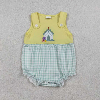 RTS Sibling Baby Boys Girls Embroidery Cross Jesus Green Plaid Easter Rompers Sets