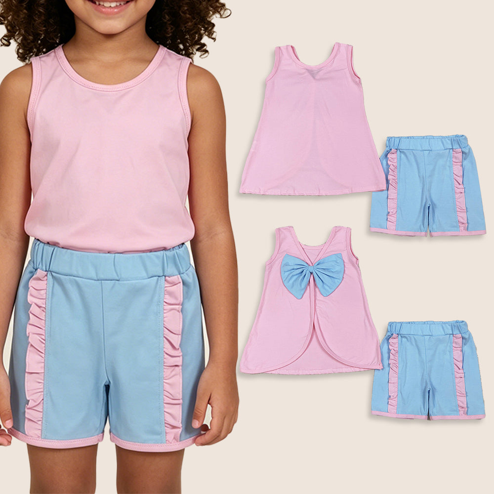 RTS Baby Girls Pink Sleeveless Blue Bows Tops Ruffle Shorts Set Clothes