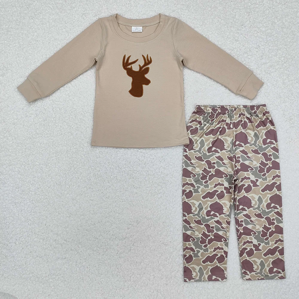 USA Shop Baby Boys Kids Long Sleeves Embroidery Deer Shirt Camo Pants Hunting Set