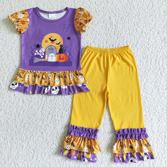 Promotion Baby Girl Short Sleeves Halloween Pumpkins Ghosts Shirt Pants Outfit