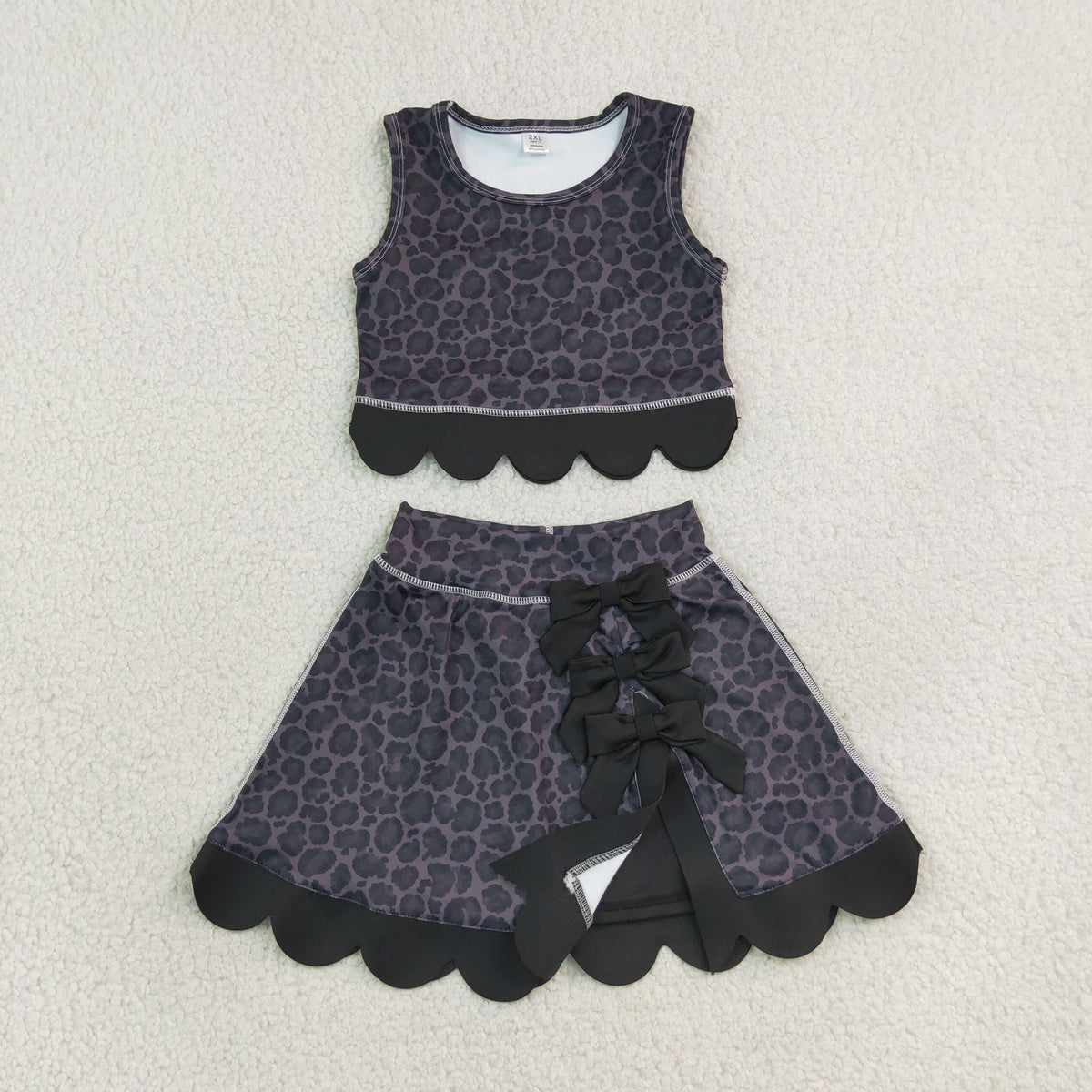 Baby Girls Kids Black Leopard Vest Bows Scallop Bows Skirt Shorts Yoga Active Set Clothes