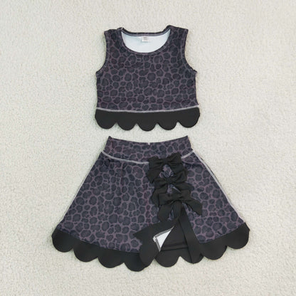 Baby Girls Kids Black Leopard Vest Bows Scallop Bows Skirt Shorts Yoga Active Set Clothes