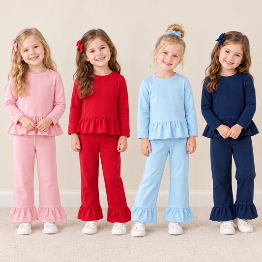 Sibling Baby Girl Kids Long Sleeves Cotton Tops Ruffle Pants Sets Clothes