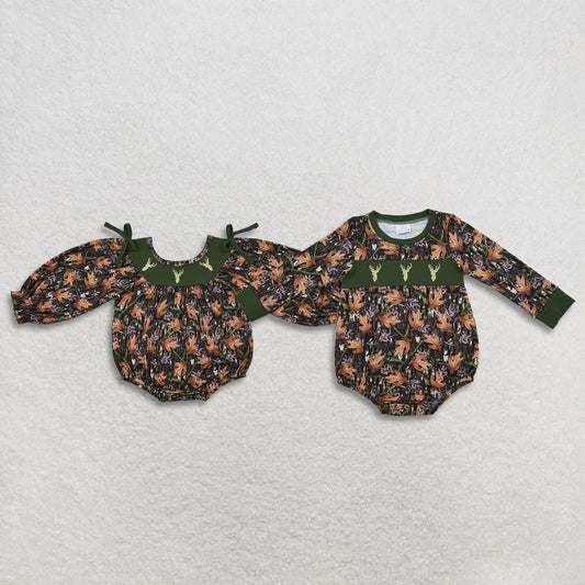 Sibling Baby Boys Girls Infant Embroidery Deer Leaves Bubble Rompers Camo Clothes