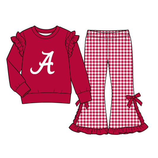 Moq 5 Custom Baby Girls Kids Ruffle Long Sleeves Shirt Plaid Bows Pants Team Set Clothes