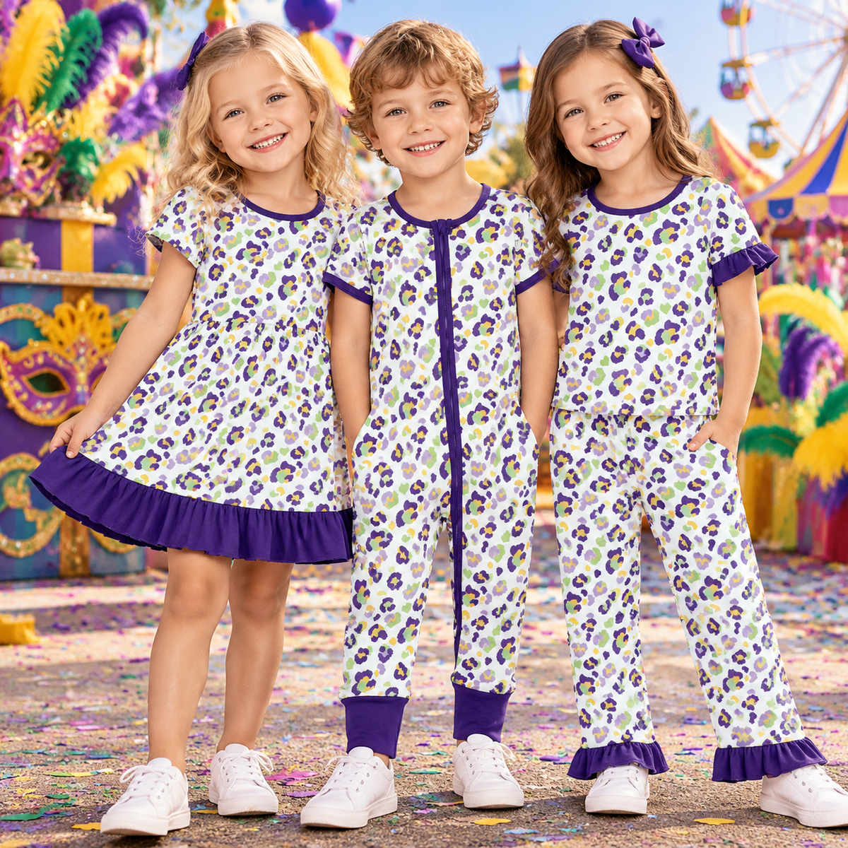 Sibling Baby Girls Kids Short Sleeves Leopard Romper Dress Set Mardi Gras Clothes