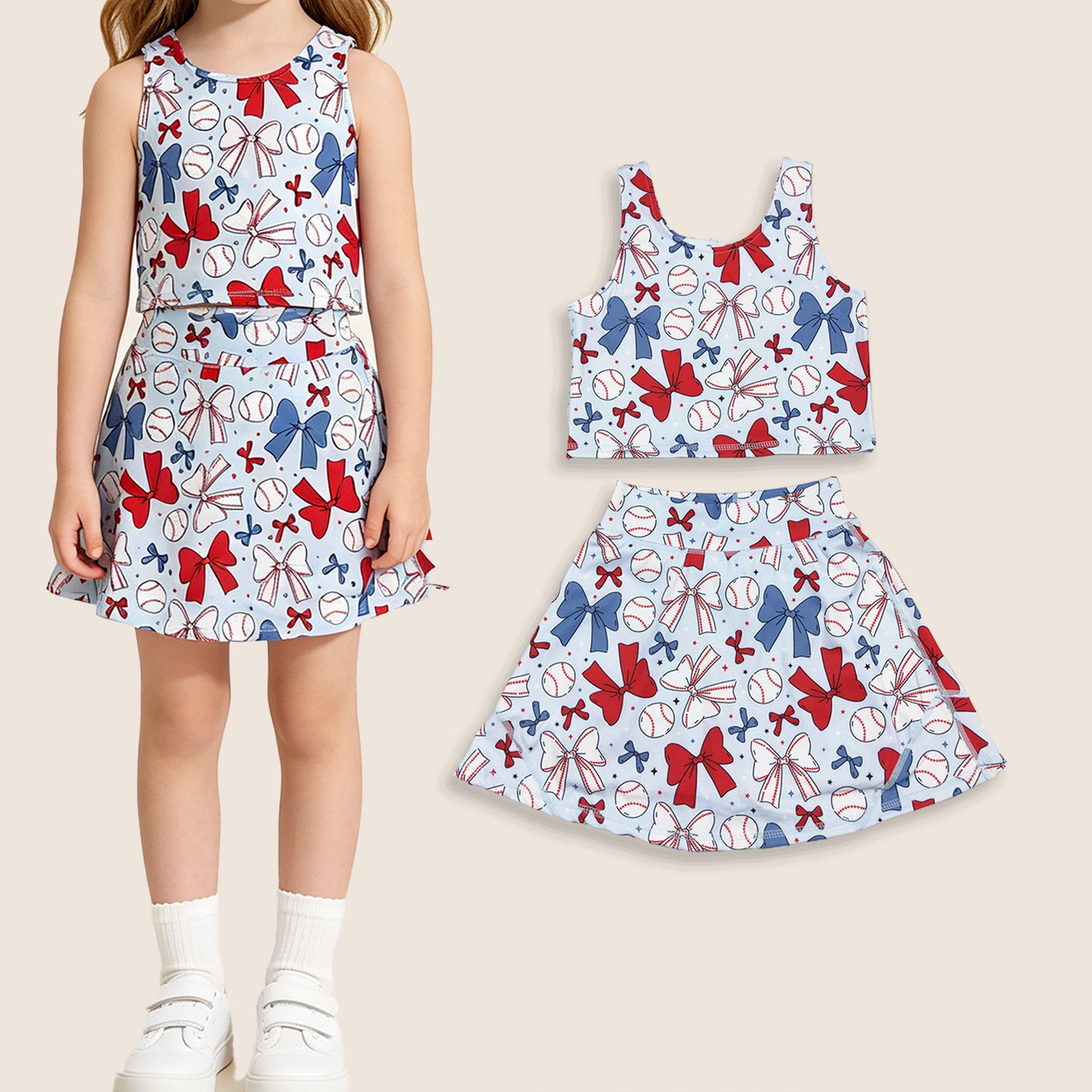 Baby Girls Kids Bows Baseball Shirt Skirt Shorts Yoga Active 4th of July Blue Set Clothes