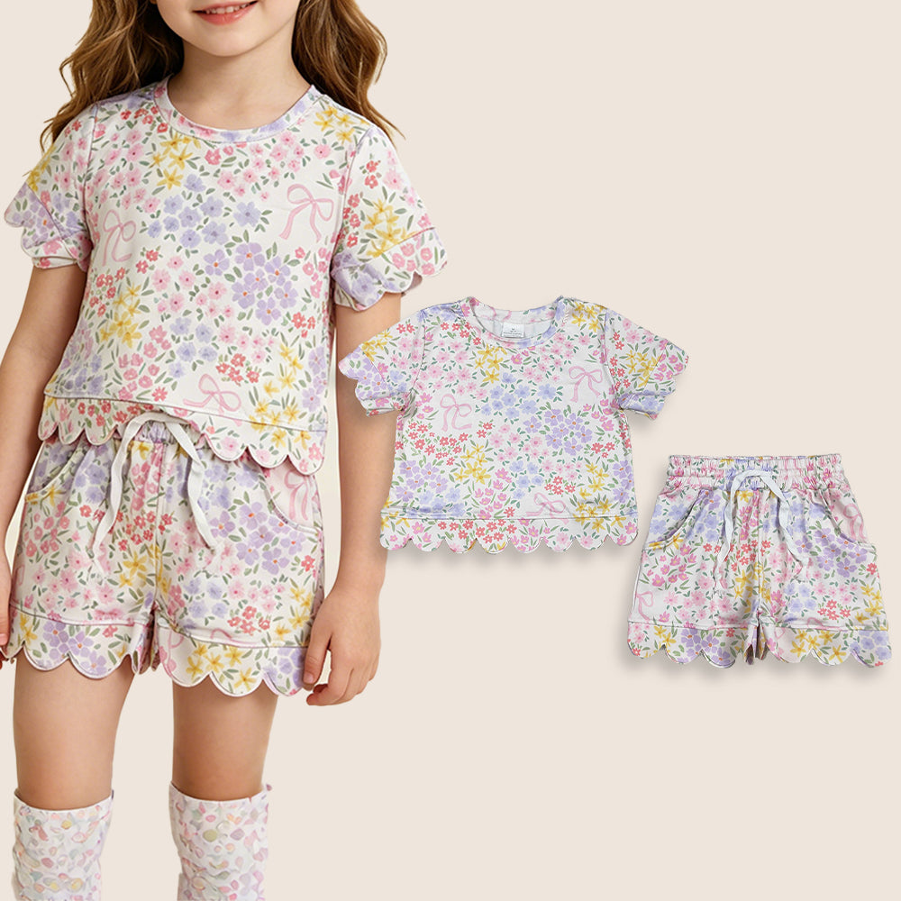 Baby Girls Kids Short Sleeves Bows Floral Shirt Scallop Shorts Summer Set
