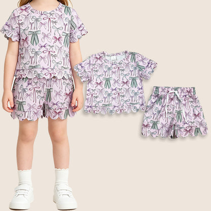 Baby Girls Kids Short Sleeves Bows Shirt Scallop Shorts Summer Pink Set