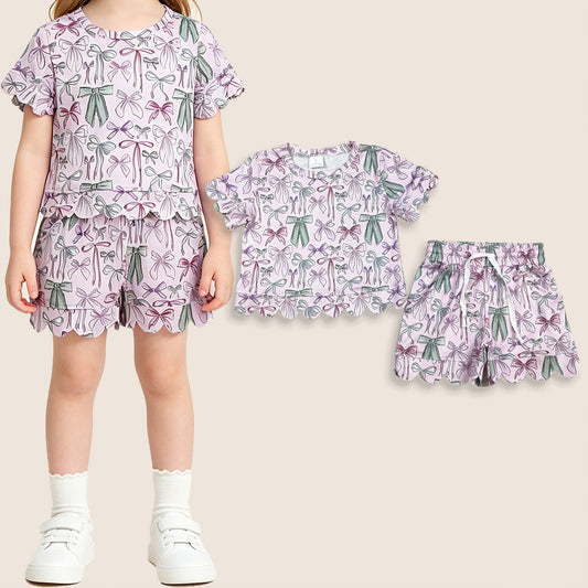 Baby Girls Kids Short Sleeves Bows Shirt Scallop Shorts Summer Pink Set