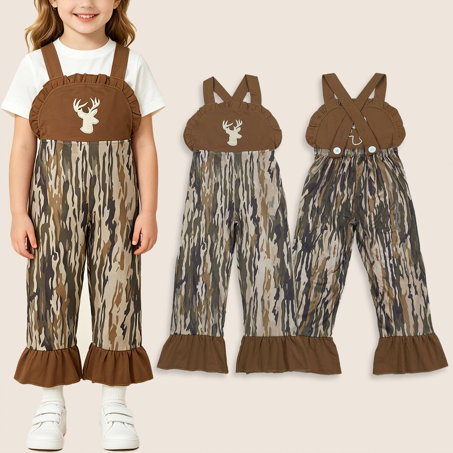 Baby Girls Kids Brown Sleeveless Embroidery Deer Camo Pants Jumpsuit