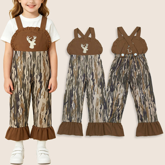 Baby Girls Kids Brown Sleeveless Embroidery Deer Camo Pants Jumpsuit