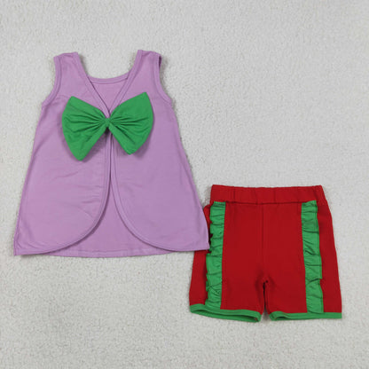 Baby Girls Purple Sleeveless Green Bows Tops Ruffle Shorts Set Clothes