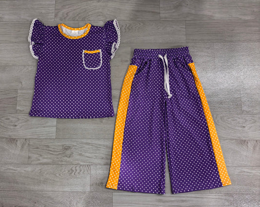 No moq Preorder Baby Girls Kids Short Sleeves Dot‌s Tops Pants Purple Set Team Clothes
