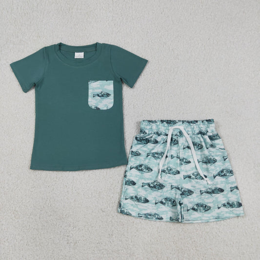 Baby Boys Kids Short Sleeves Pocket Green Shirt Pockets Fish Shorts Set
