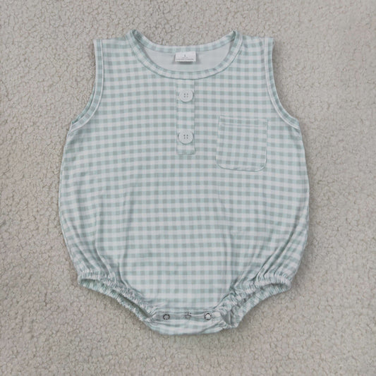 Baby Boy Infant Sleeveless Green Plaid Pocket Summer Bubble Romper