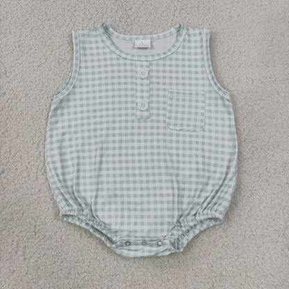 Sibling Baby Boy Infant Sleeveless Plaid Pockets Summer Bubble Rompers Clothes