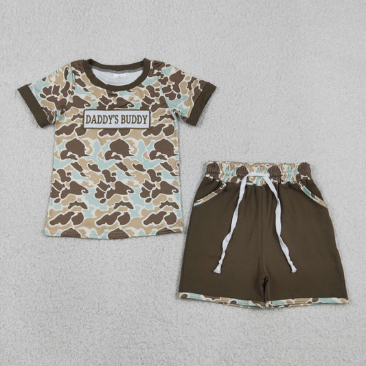 Baby Boys Embroidery Daddy's Buddy Green Brown Camo Shirt Pockets Shorts Clothes Set