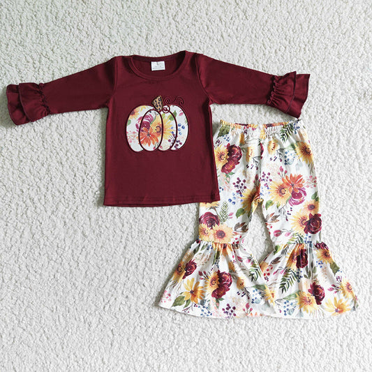 Promotion Baby Girl Long Sleeves Embroidery Pumpkin Shirt Floral Pants Fall Outfit