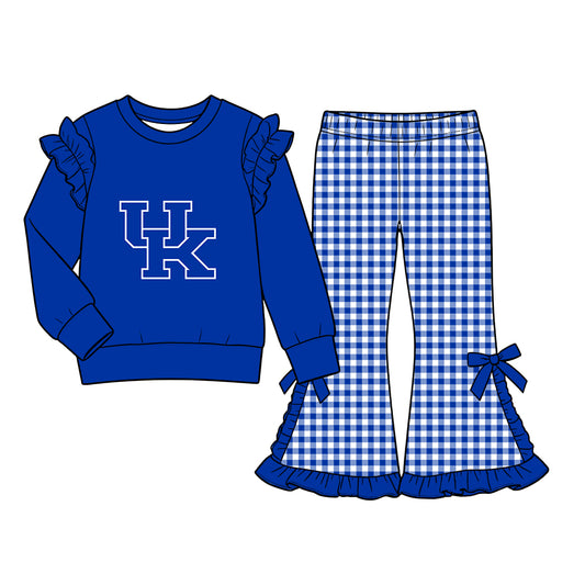 Moq 5 Custom Baby Girls Kids Ruffle Long Sleeves Blue Shirt Plaid Bows Pants Team Set Clothes