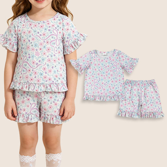 Baby Girls Kids Short Sleeves Bows Flower Shirt Shorts Summer Clothes Set