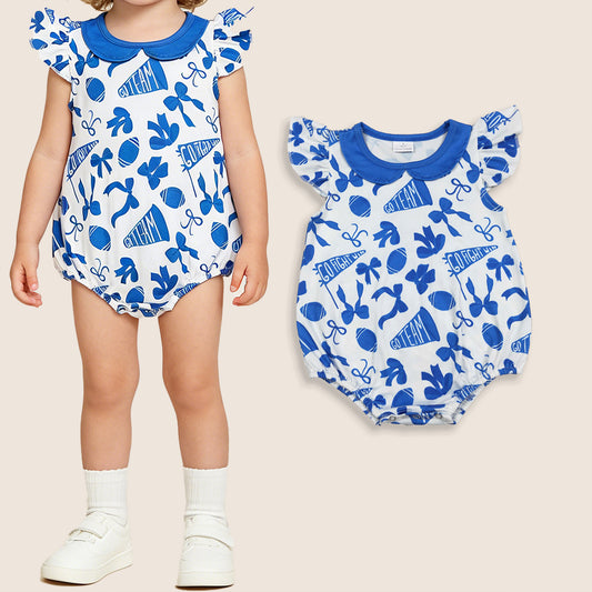 Baby Girl Short Sleeves Cheer Blue Bows Summer Team Bubble Romper