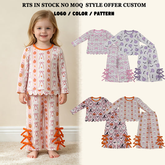 Sibling Baby Girls Kids Long Sleeves Pumpkins Scallop Shirts Bows Pants Sets Fall Clothes