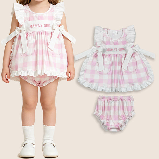 Baby Girls Kids Short Sleeves Embroidery Mama's Girl Bows Pockets Tunic Pink Plaid Bummie Shorts Set